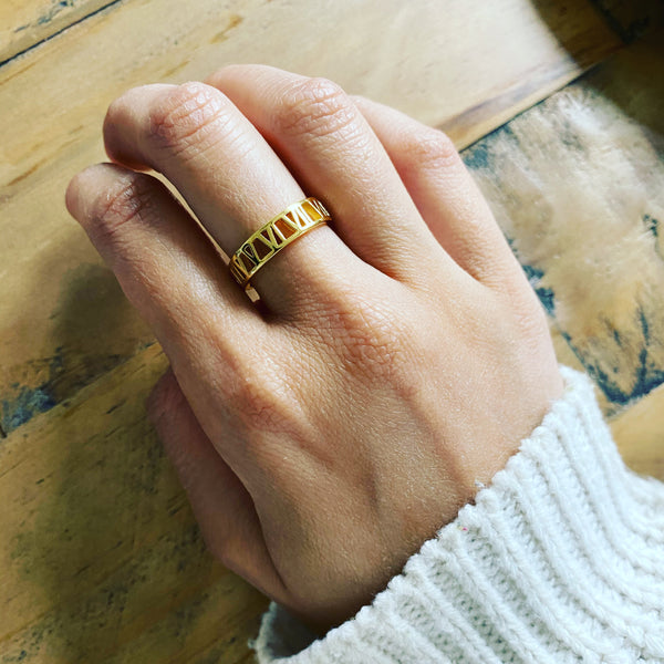 Gold Roman Numerals Ring on hand